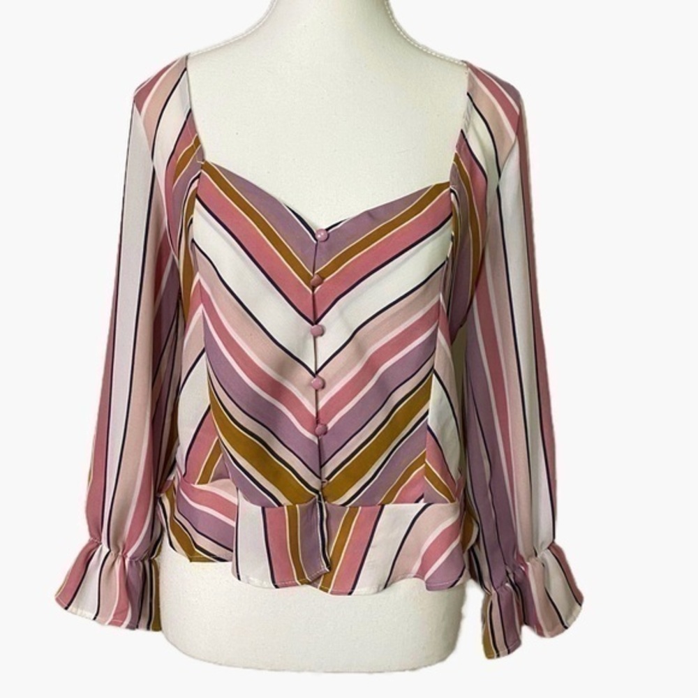 Lipslide Pink and Neutral Striped Cropped Button Down Top